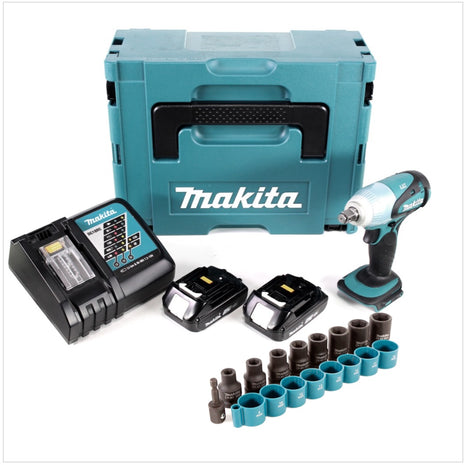 Makita DTW 251 RAJ Akku Schlagschrauber 18 V 230 Nm 1/2" + 2x Akku 2,0 Ah + Ladegerät + 9 tlg. Steckschlüsselsatz + Makpac - Toolbrothers