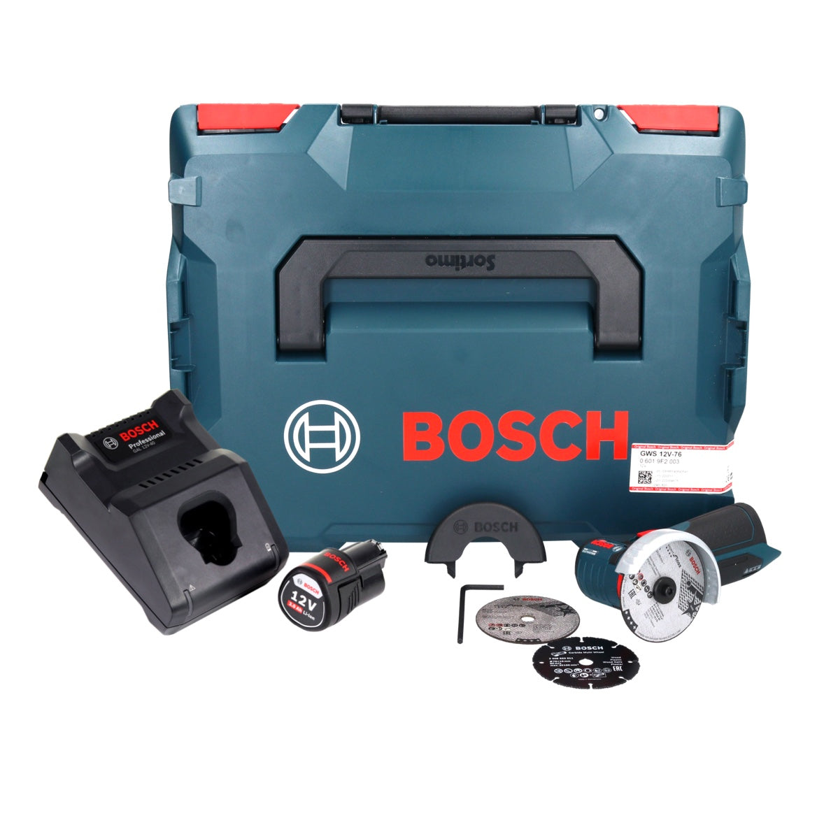 Bosch GWS 12V-76 Professional Meuleuse angulaire sans fil 12 V 76 mm Brushless + 1x batterie 3,0 Ah + chargeur + L-Boxx