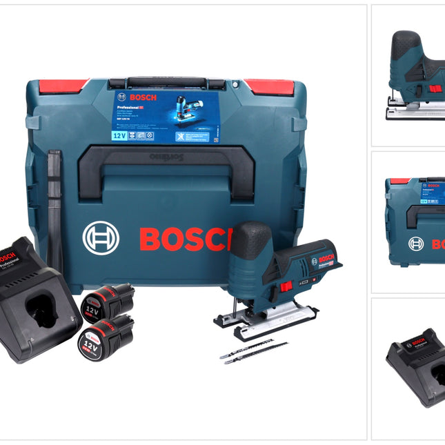 Bosch GST 12V-70 Professional Scie sauteuse sans fil avec boîtier L-Boxx + 2x Batteries GBA 12 V 3 Ah + Chargeur rapide GAL 1230 CV