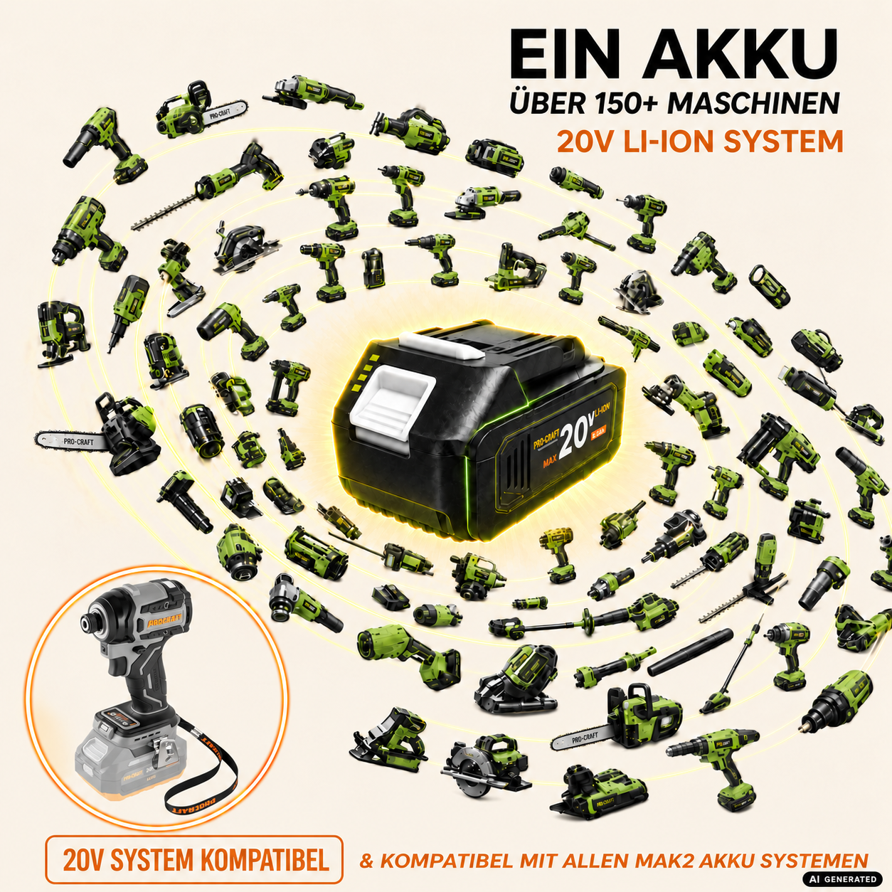 Procraft ID20Abb Clé à choc sans fil 20 V 180 Nm 1/4" + 1x batterie 2,0 Ah + chargeur