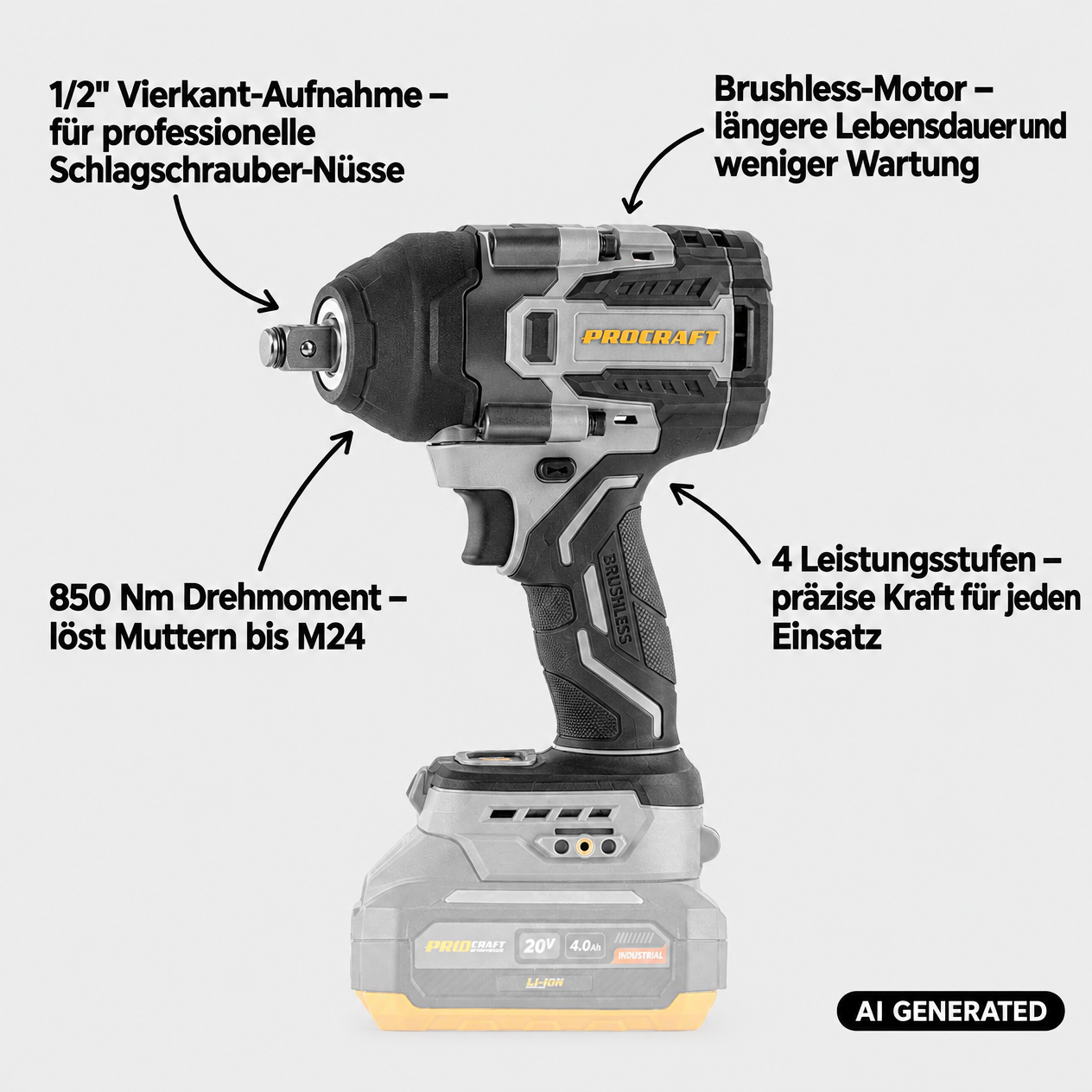 Visseuse à chocs sans fil ProCraft Industrial IW850A-BB 20 V 850 Nm 1/2" sans balais Solo - sans batterie, sans chargeur