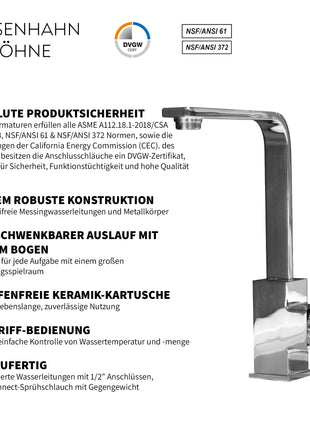 Rosenhahn & Söhne Juist 100 Küchenarmatur 360° Drehbarer Wasserhahn Küche - Armatur Küche [Chrom] - 2-fach verstellbare Spültischarmatur + Anschlussschläuche - Toolbrothers