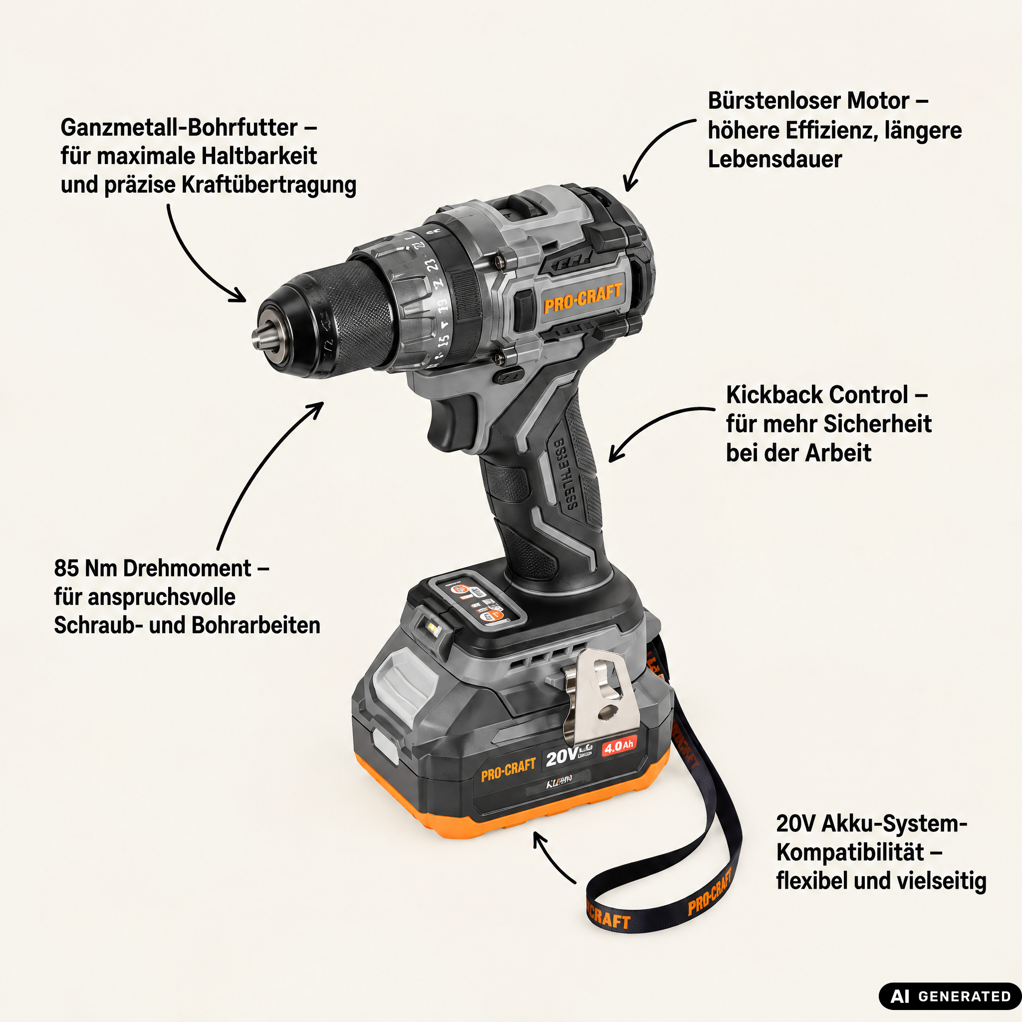Procraft CD20Abb Perceuse-visseuse sans fil 20 V 85 Nm + 1x batterie 4,0 Ah + chargeur + boîte à outils RHINO