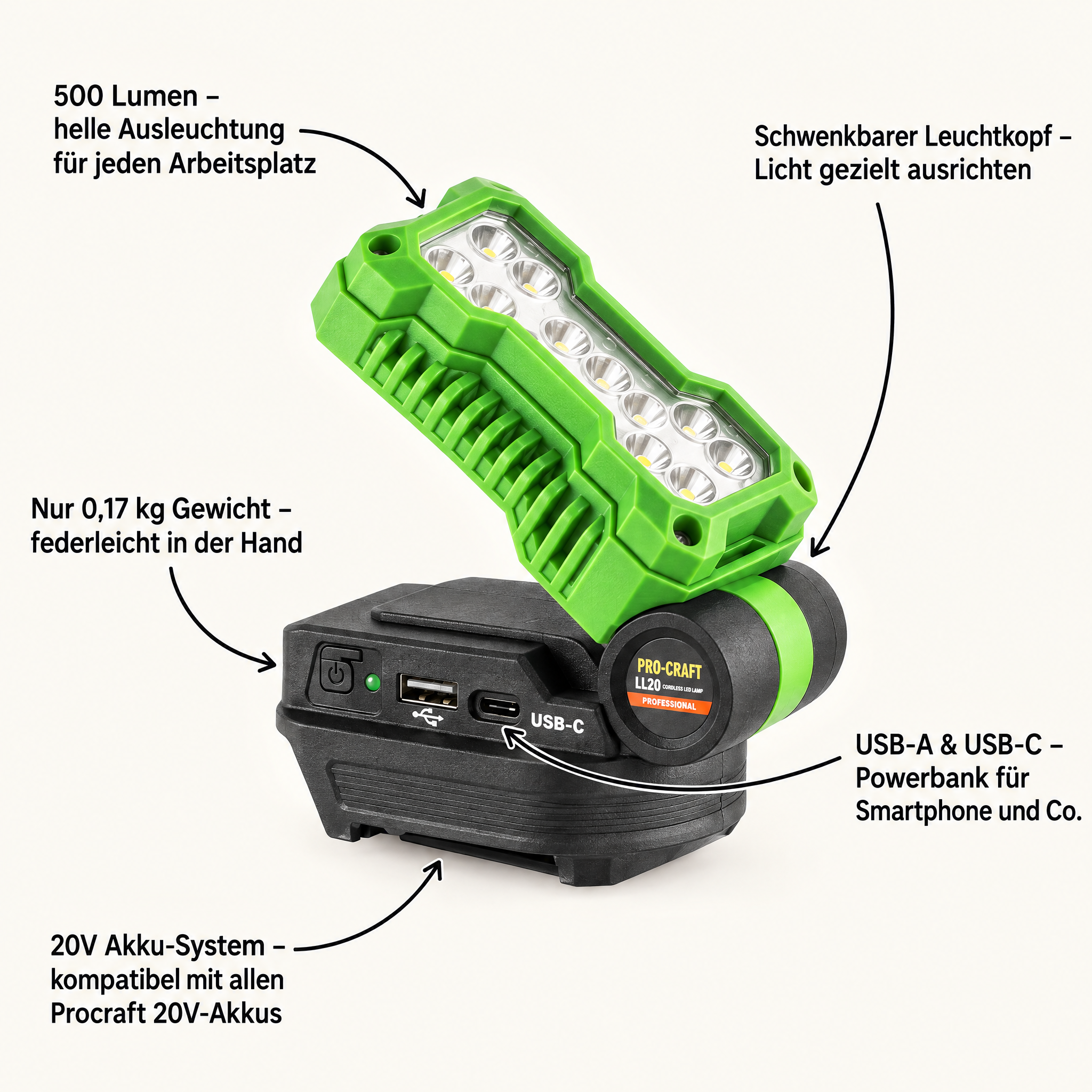 Procraft LL20bb Projecteur LED sans fil 20 V 500 lm + 2x batterie 4,0 Ah + chargeur