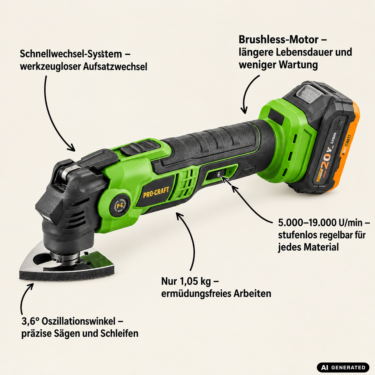 Procraft PMT22bb Outil multifonctionnel sans fil 20 V Brushless - sans batterie, sans chargeur