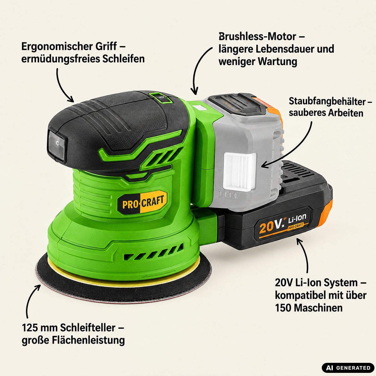 Procraft PX20BLbb Ponceuse excentrique sans fil 20 V 125 mm Brushless + 1x batterie 2,0 Ah - sans chargeur