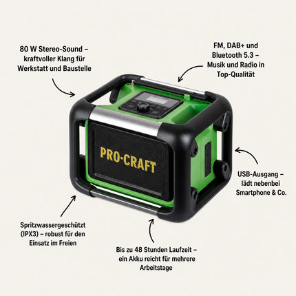 Radio de chantier Procraft PJS20bb à batterie 20 V 80 W FM DAB+ Bluetooth Solo - sans batterie, sans chargeur
