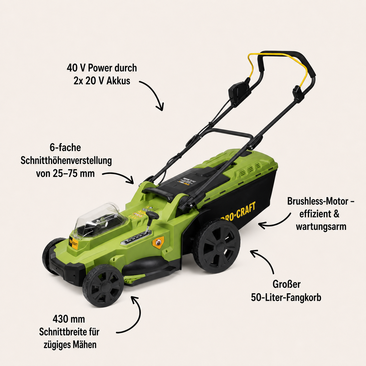 Procraft PLM22bb Tondeuse à gazon sans fil 40 V ( 2x 20 V ) 430 mm Brushless Solo - sans batterie, sans chargeur