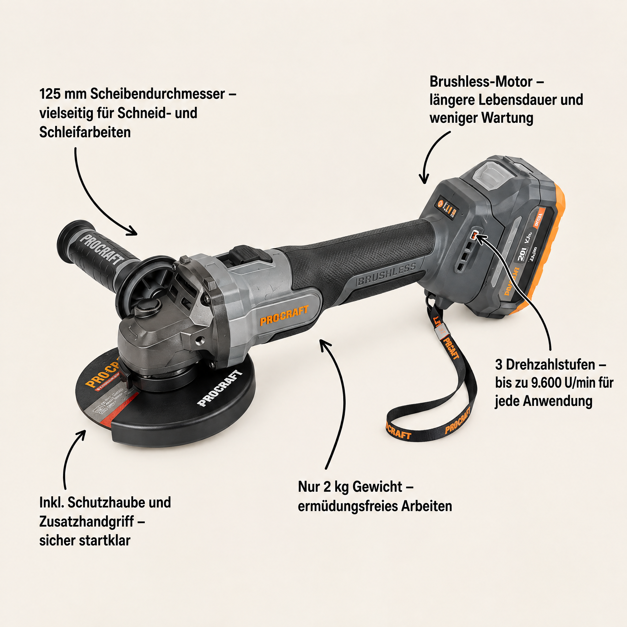 Procraft Industrial AG125Abb Meuleuse d'angle sans fil 20 V 125 mm Brushless + 1x batterie 4,0 Ah + chargeur
