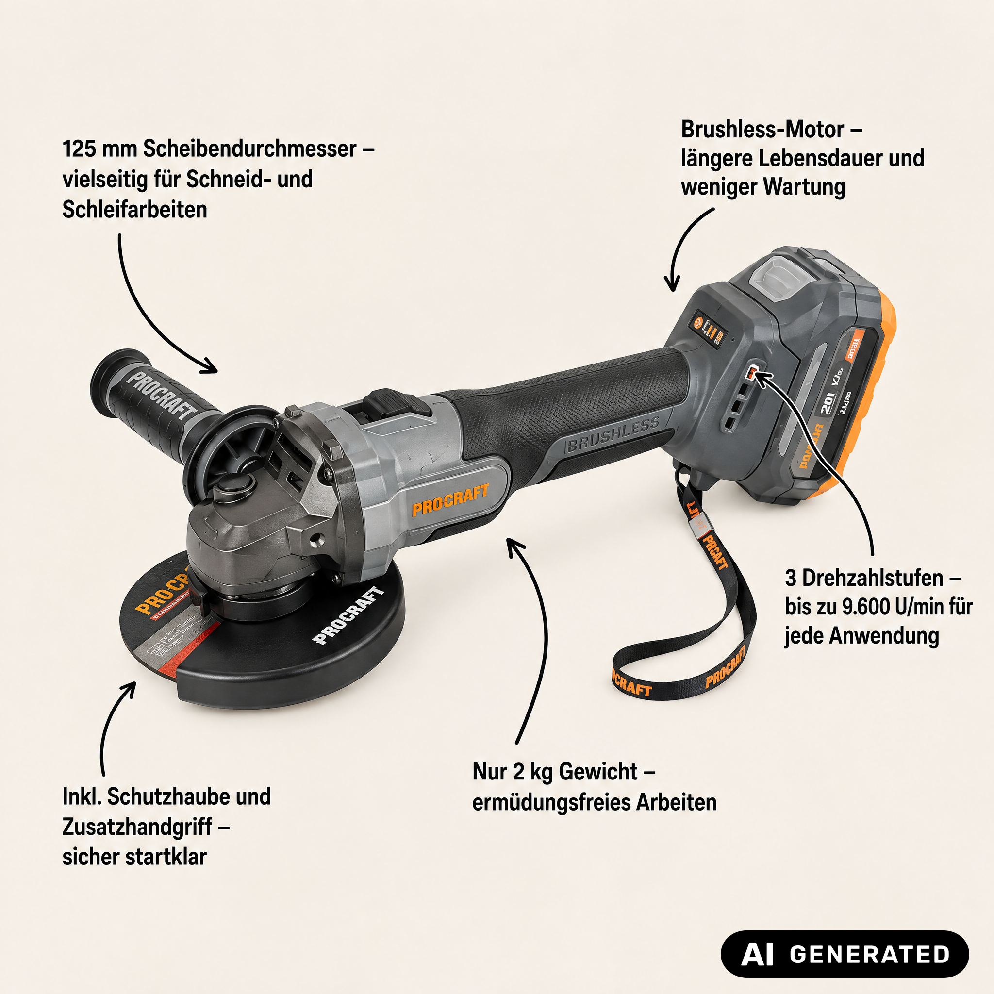 Procraft Industrial AG125Abb Meuleuse d'angle sans fil 20 V 125 mm Brushless + 2x batterie 2,0 Ah + chargeur