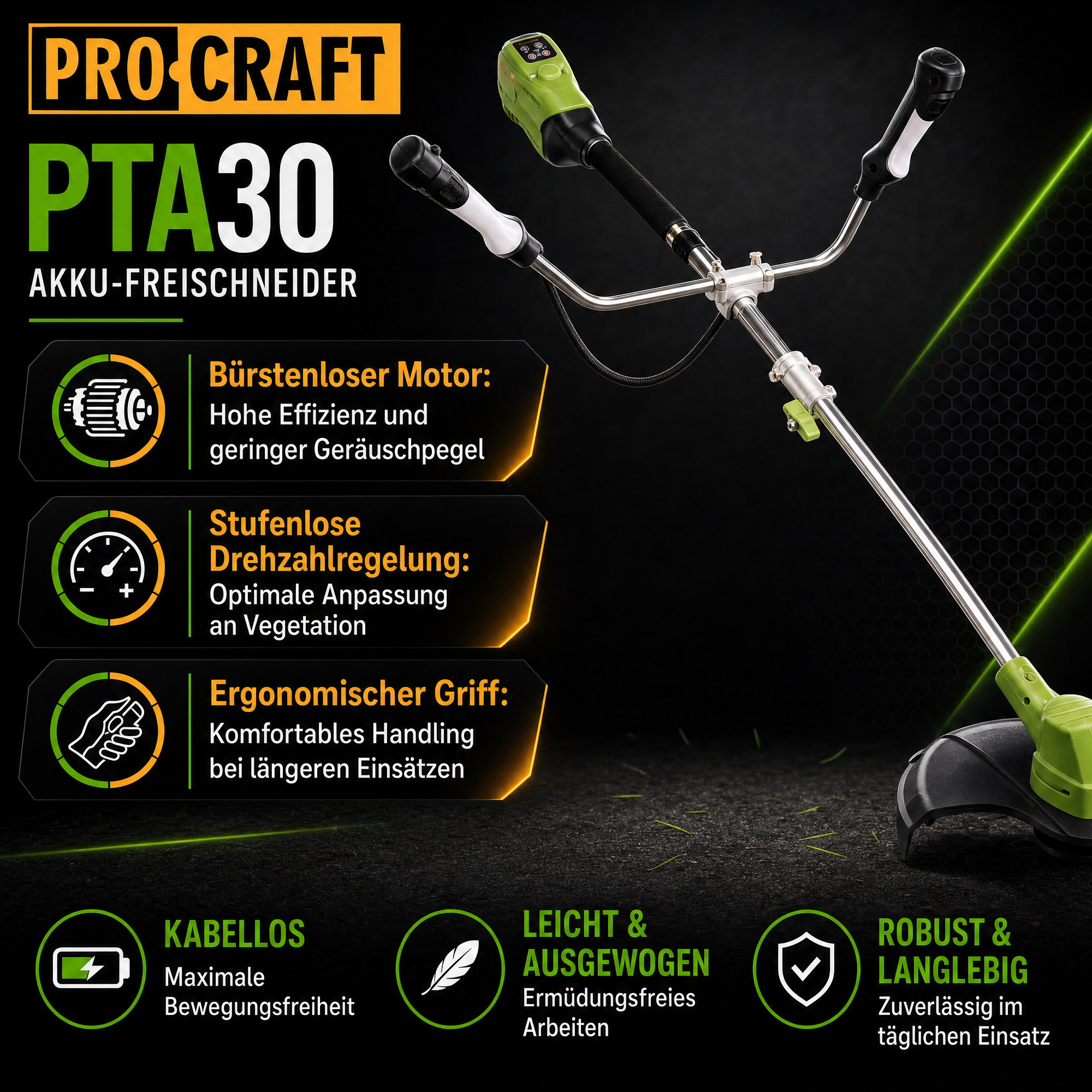 Procraft PTA30 Débroussailleuse sans fil 20 V 300 mm Brushless Solo - sans batterie, sans chargeur