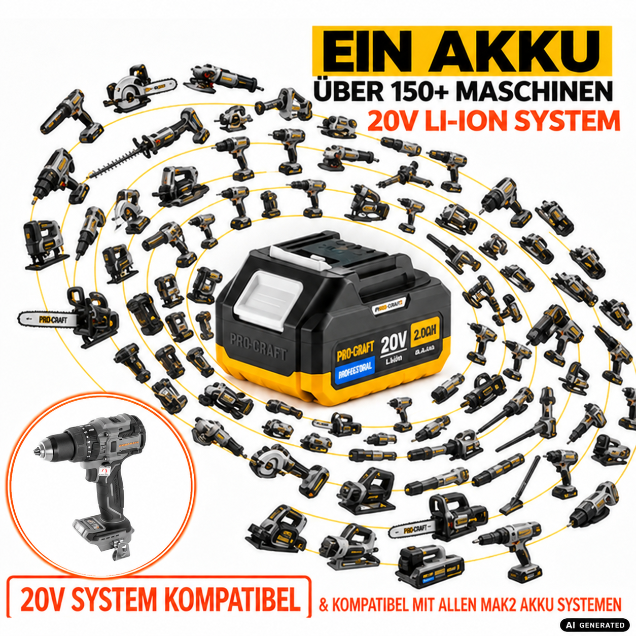Perceuse-visseuse sans fil Procraft Industrial CD20B-BB 20 V 150 Nm sans balais + 1 batterie 2,0 Ah + chargeur + mallette RHINO