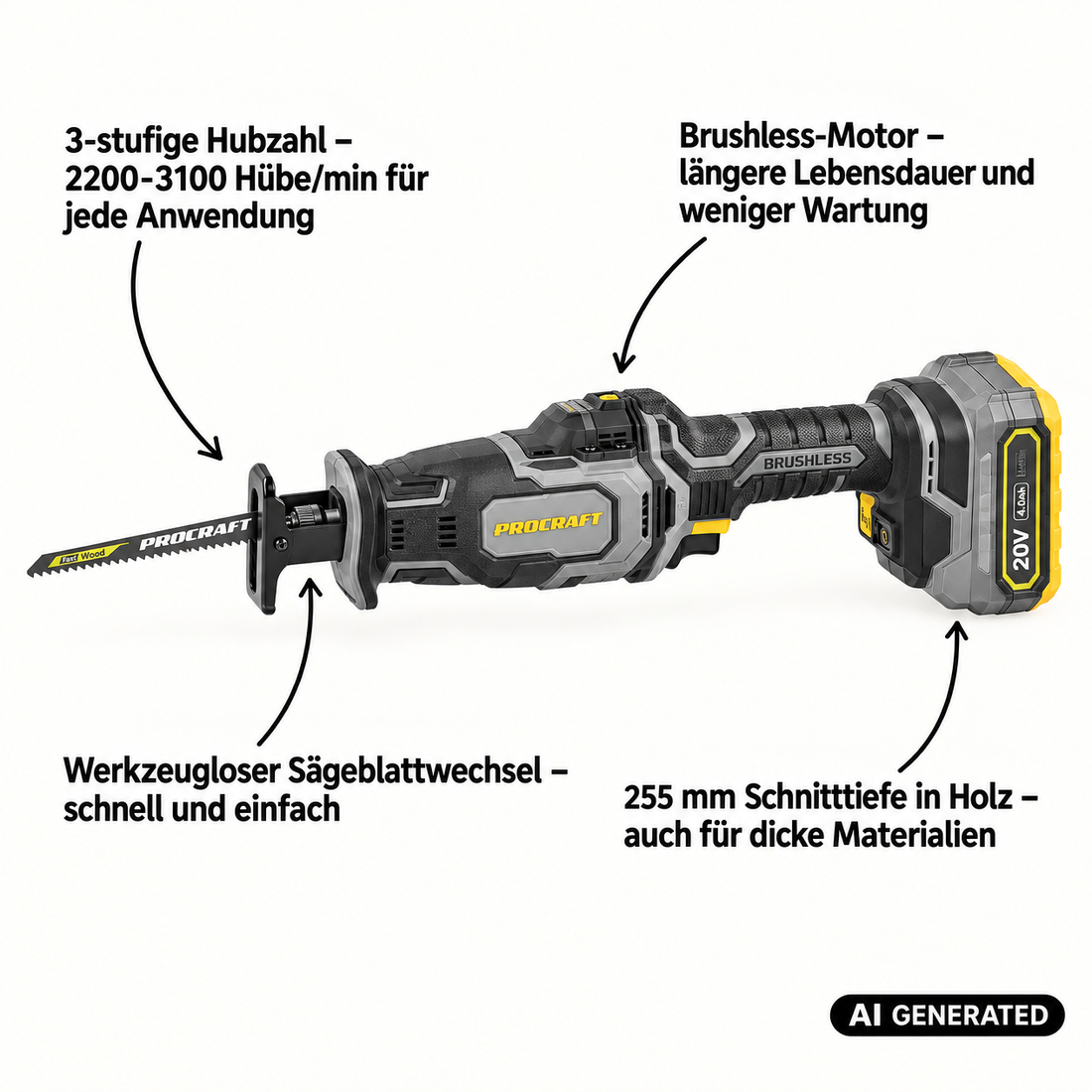 Procraft Industrial RS20Abb Scie sabre Recipro 20 V Brushless + 1x batterie 4,0 Ah - sans chargeur