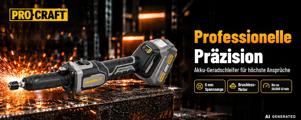Procraft Industrial DG20A-BB Meuleuse droite à batterie 20 V 6 mm Brushless + 1x batterie 4,0 Ah - sans chargeur