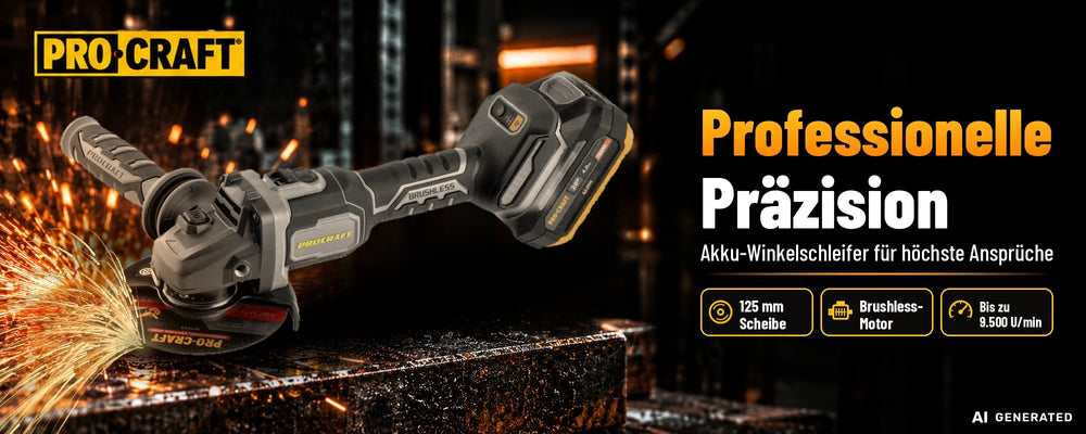 Procraft Industrial AG125Bbb Meuleuse d'angle sans fil 20 V 125 mm Brushless + 1x batterie 2,0 Ah + chargeur + boîte à outils RHINO
