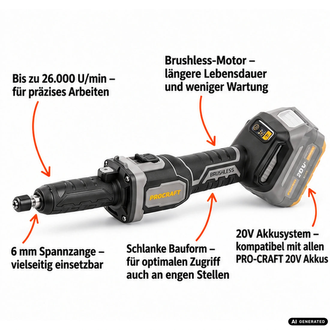 Procraft Industrial DG20A-BB Meuleuse droite à batterie 20 V 6 mm Brushless + 1x batterie 4,0 Ah - sans chargeur