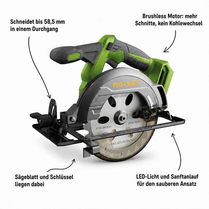Procraft PCA32-BB Scie circulaire portative sans fil 20 V 165 mm Brushless + 1x batterie 2,0 Ah + chargeur