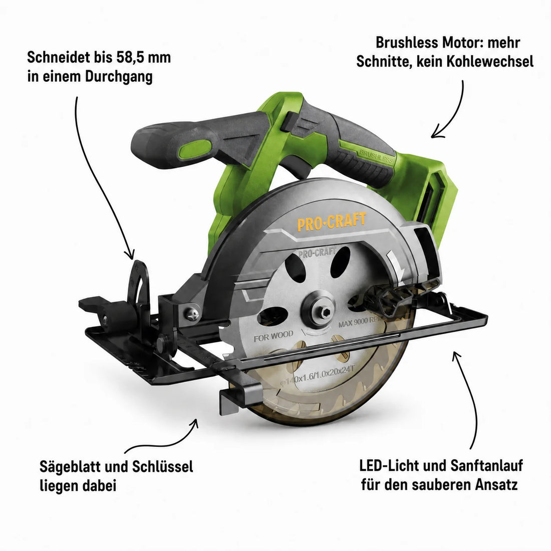Procraft PCA32-BB Scie circulaire portative sans fil 20 V 165 mm Brushless Solo - sans batterie, sans chargeur