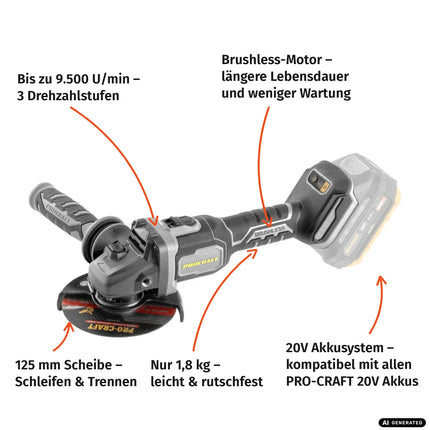 Procraft Industrial AG125Bbb Meuleuse d'angle sans fil 20 V 125 mm Brushless + 1x batterie 2,0 Ah + chargeur + boîte à outils RHINO