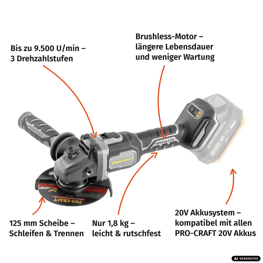 Procraft Industrial AG125Bbb Meuleuse d'angle sans fil 20 V 125 mm Brushless + 1x batterie 2,0 Ah + chargeur + boîte à outils RHINO